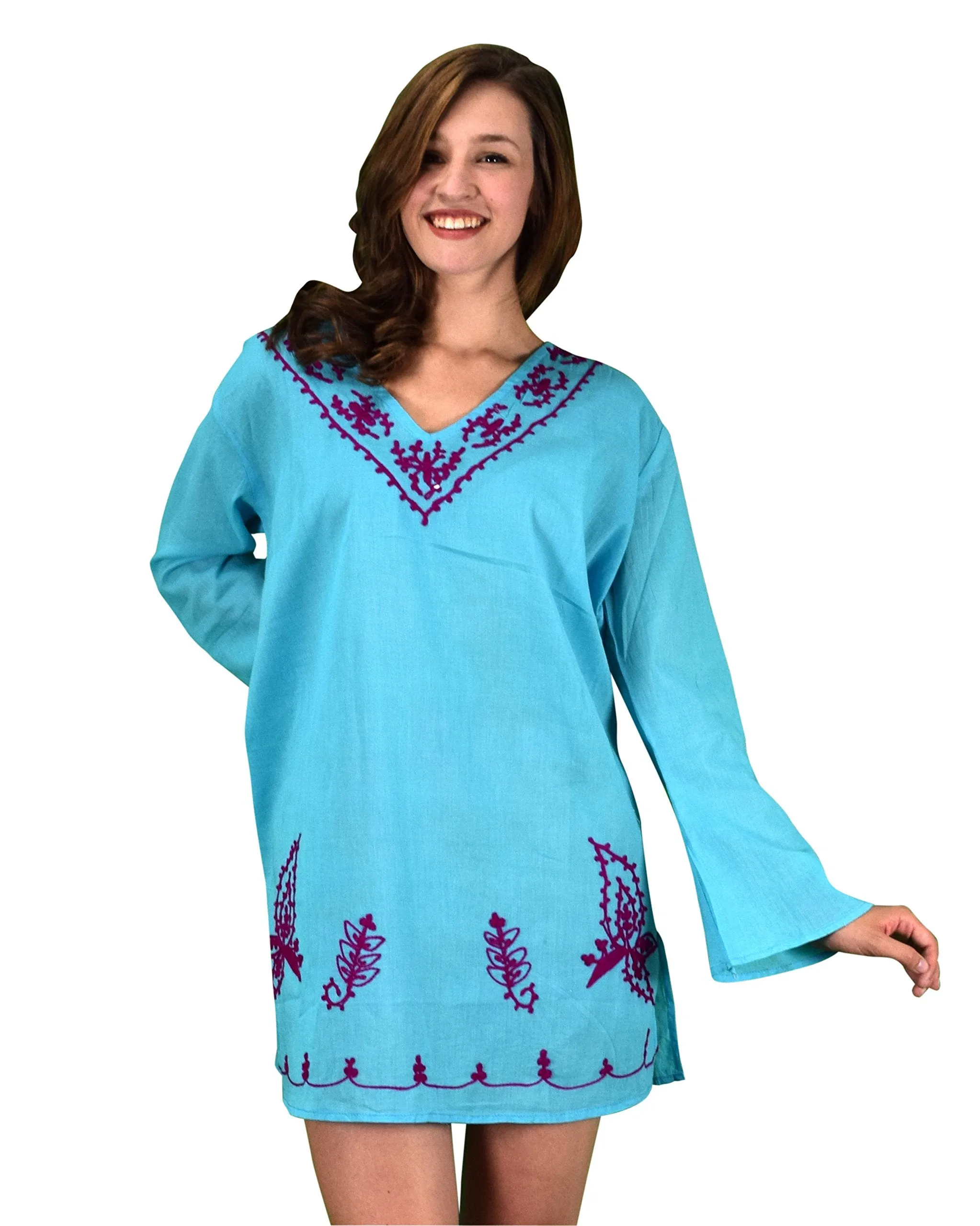 100% Cotton Embroidered Summer Tunics Beach Cover Ups