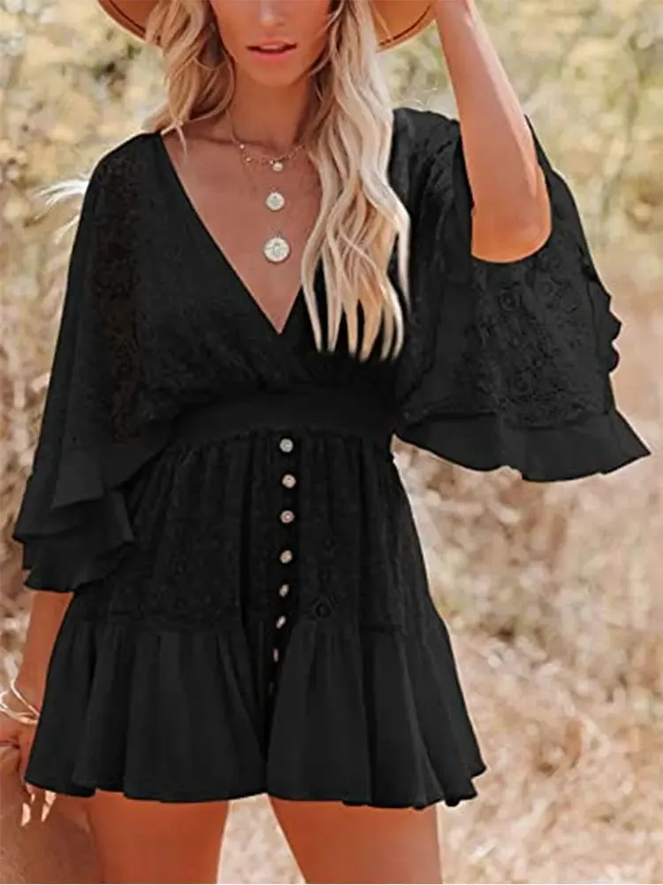 2024 Sexy Deep V Neck Lace Tunic Mini Boho Dress