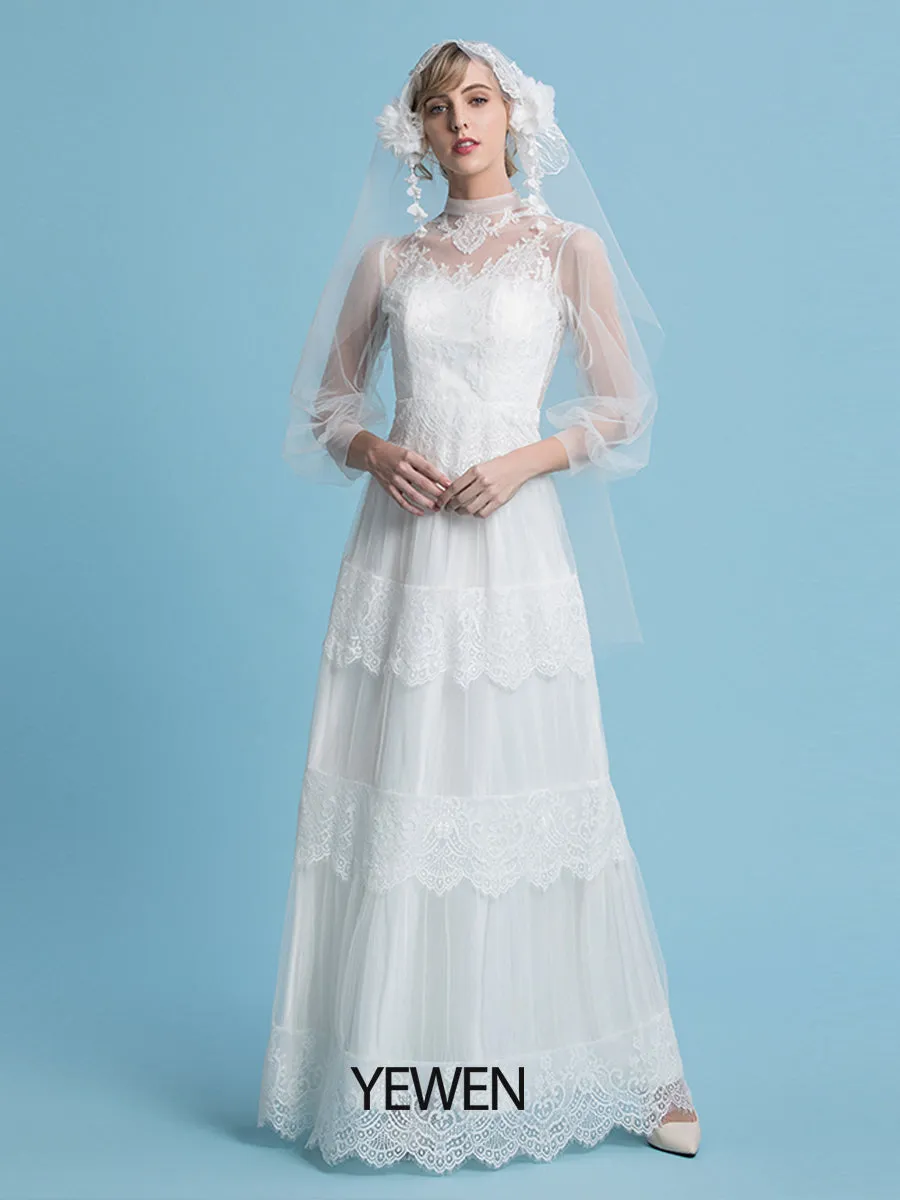 A-Line Bohemian Wedding Dresses High Neck Floor Length Tulle Lace Beach Boho Illusion with Long Sleeves