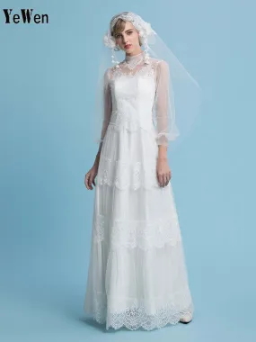 A-Line Bohemian Wedding Dresses High Neck Floor Length Tulle Lace Beach Boho Illusion with Long Sleeves