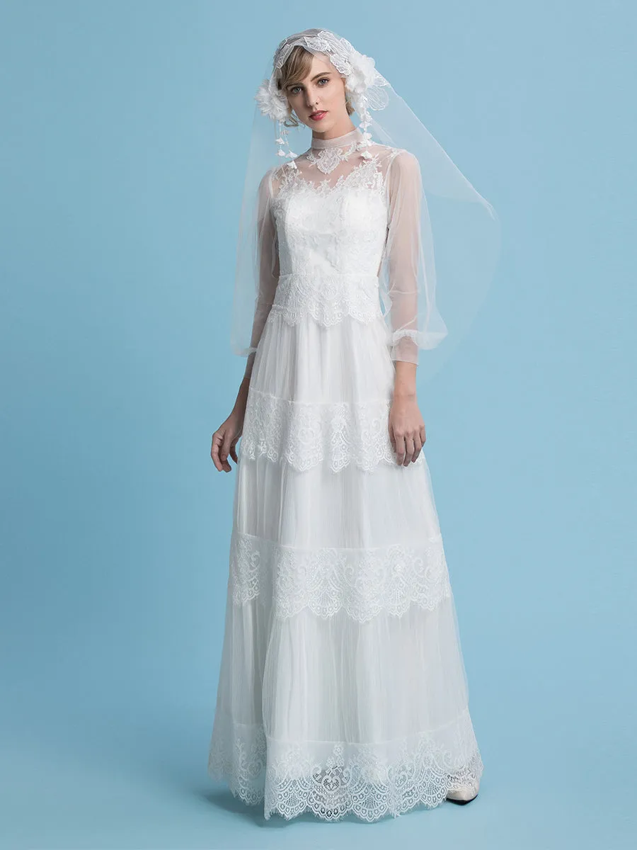 A-Line Bohemian Wedding Dresses High Neck Floor Length Tulle Lace Beach Boho Illusion with Long Sleeves