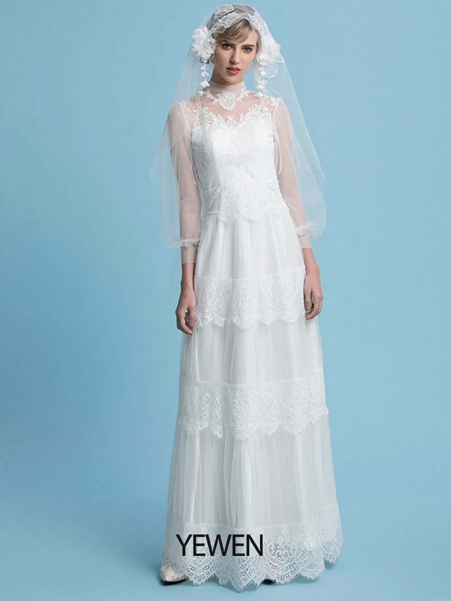 A-Line Bohemian Wedding Dresses High Neck Floor Length Tulle Lace Beach Boho Illusion with Long Sleeves