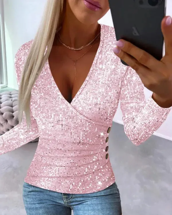 Allover Sequin Ruched Long Sleeve Top