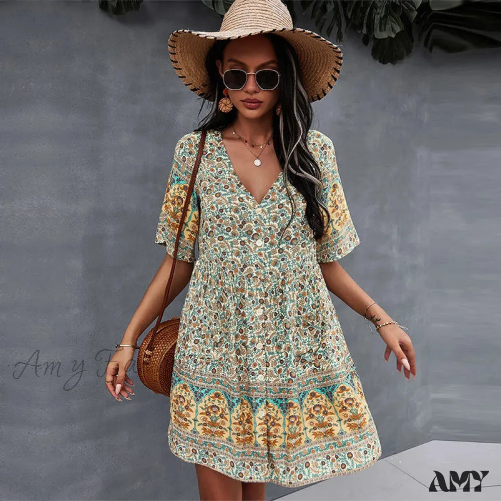 Amy Fashion - Casual V Neck Bohemian Short Sleeve Dress