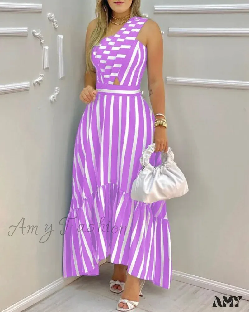 Amy Fashion - Elegant One Shoulder Striped Colorblock Dresses