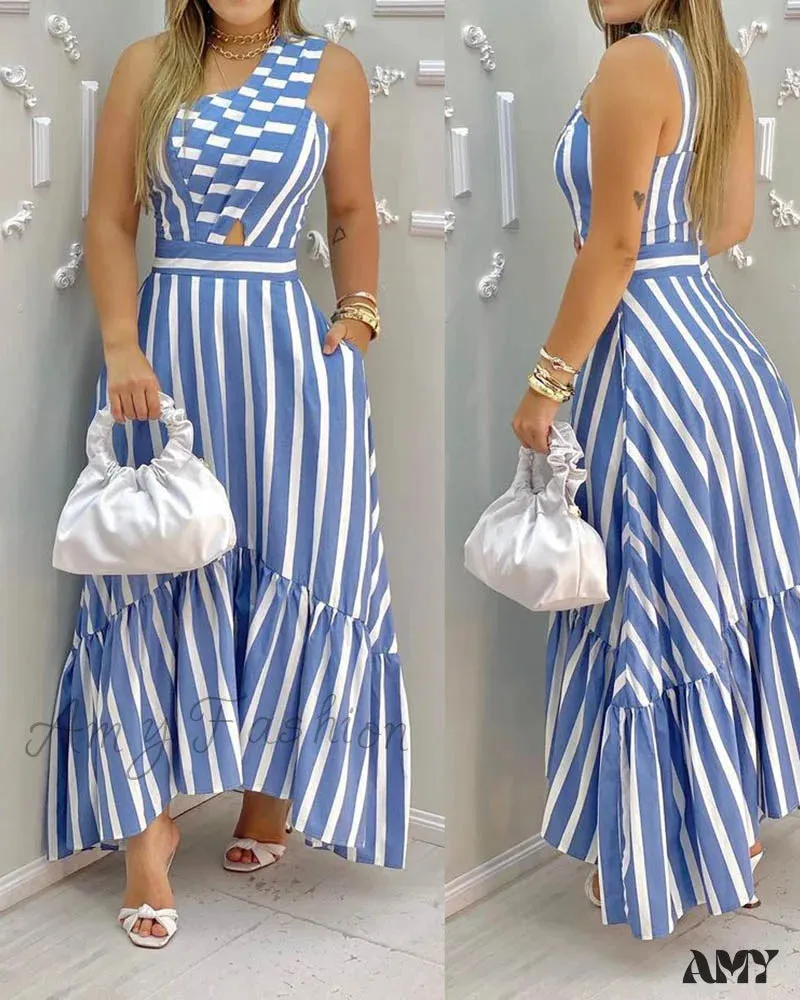 Amy Fashion - Elegant One Shoulder Striped Colorblock Dresses