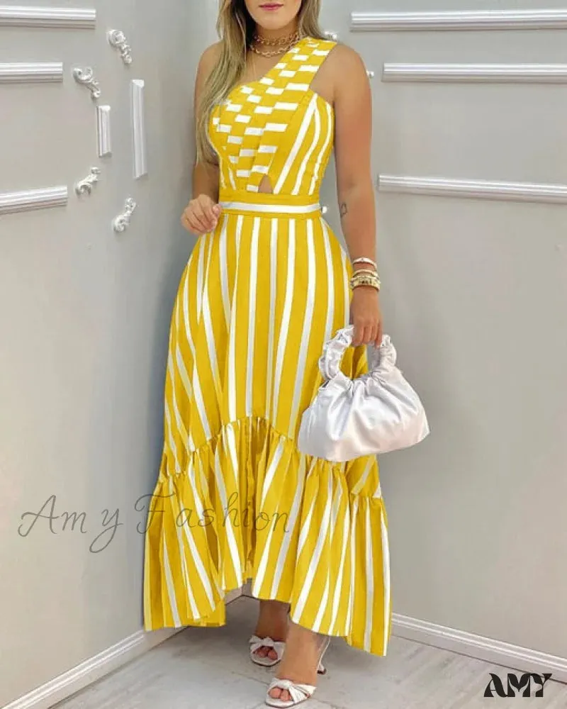 Amy Fashion - Elegant One Shoulder Striped Colorblock Dresses