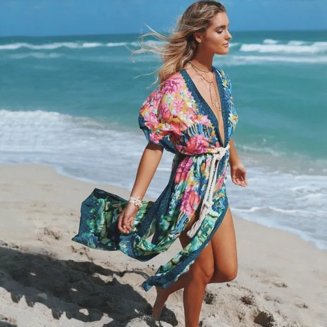 Ashoreshop Seaside Vacation kimono Dress Cover Ups  sexy Side split beach Kaftan women