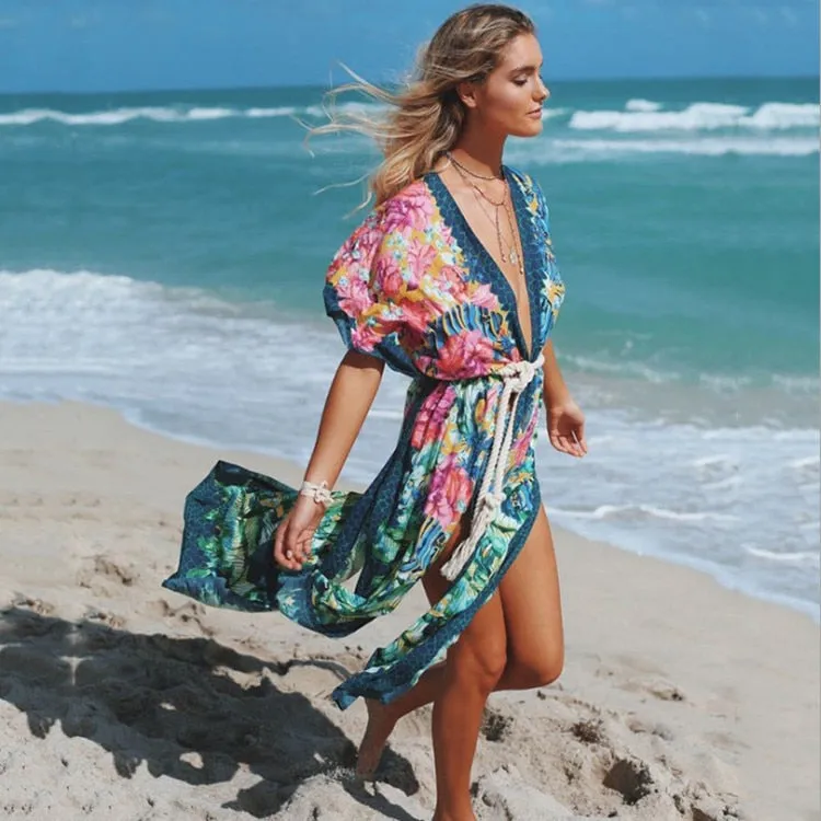 Ashoreshop Seaside Vacation kimono Dress Cover Ups  sexy Side split beach Kaftan women