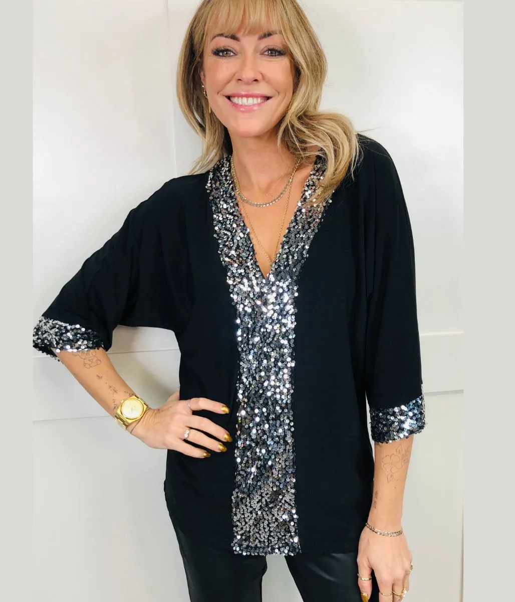 Black and Silver Sequin Tunic Top