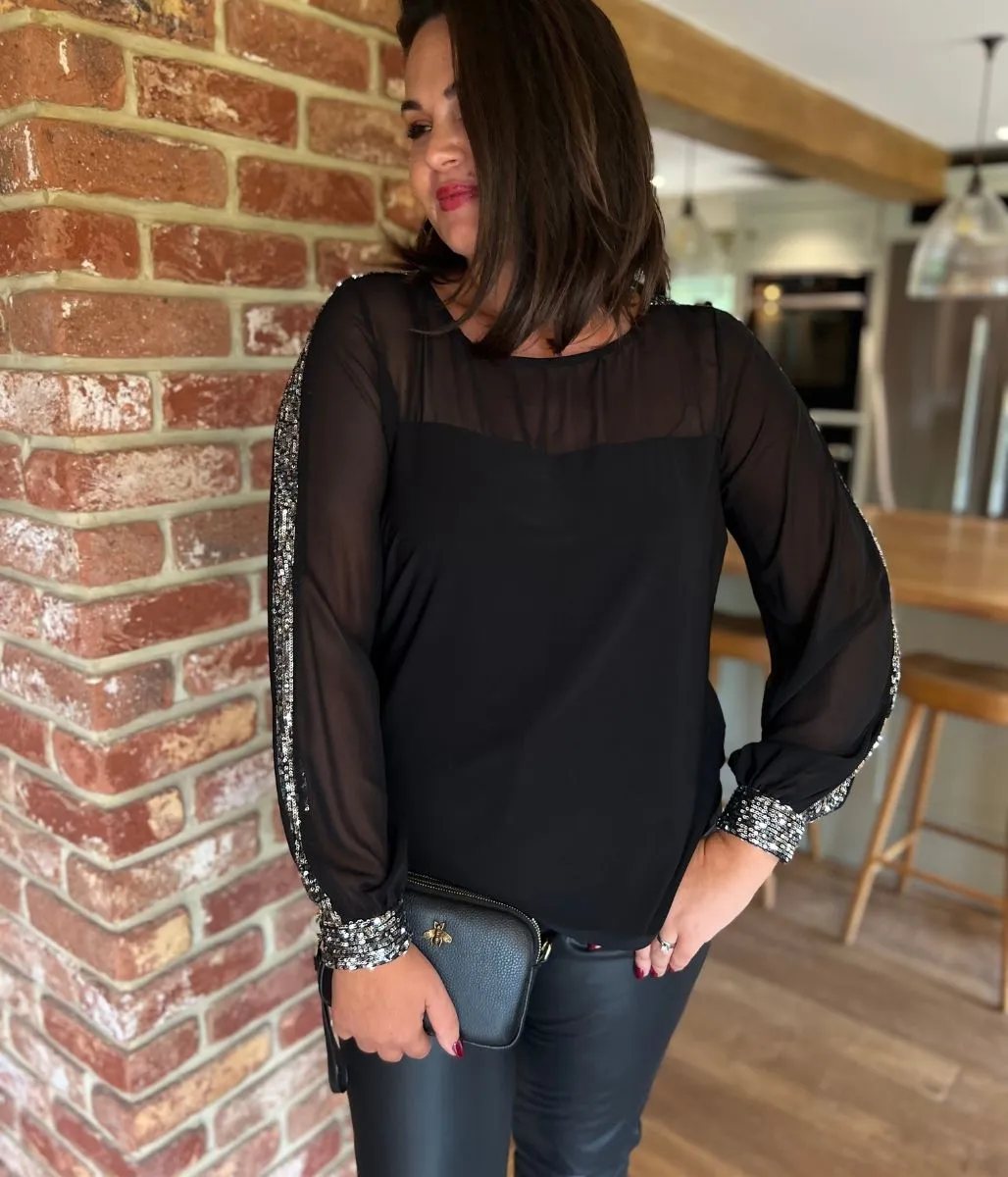 Black Sequin Trim Long Sleeve Top