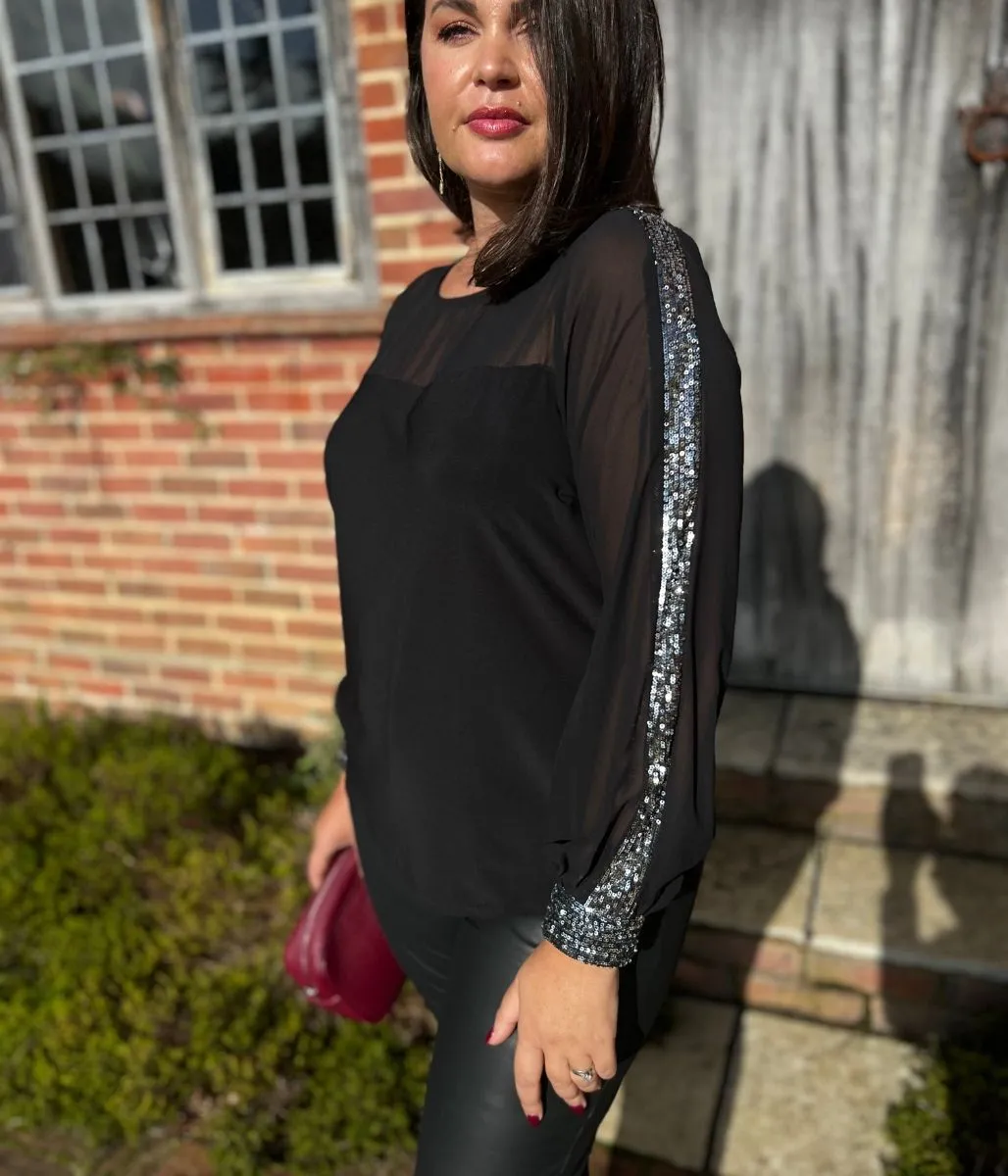 Black Sequin Trim Long Sleeve Top