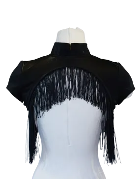 Black Short Sleeve Zip-Up Shrug with Fringe Trim