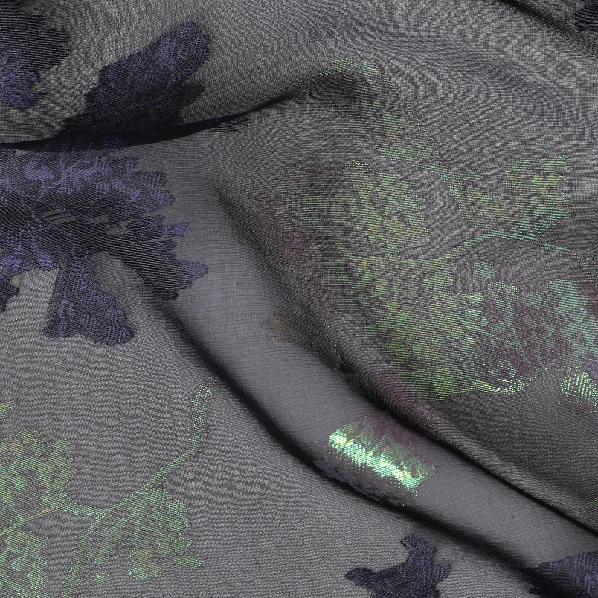 Black Silk Chiffon Fabric with Purple Lurex Floral Design, 110 cm Width - Imported from South Korea-D20232