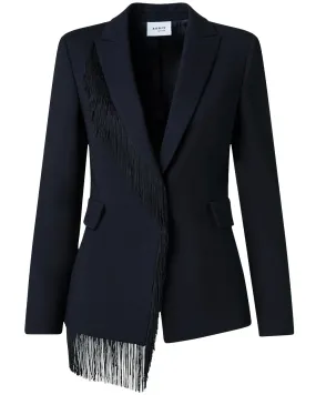 Black Wool Crepe Fringe Intarsia Blazer