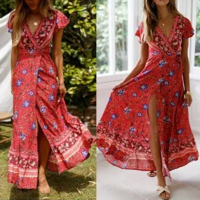 Bohemia Women Summer Elegant Clothes Sexy Floral Printed Deep V Neck Long Dress Ladies Dressess Casual Vestido De Festa Longo 10