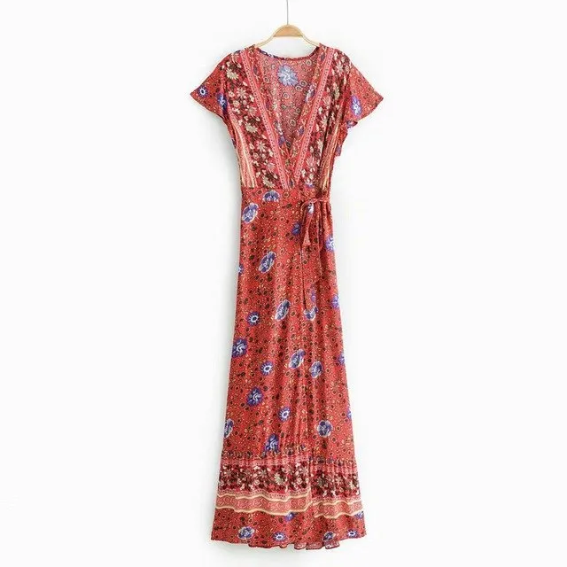 Bohemia Women Summer Elegant Clothes Sexy Floral Printed Deep V Neck Long Dress Ladies Dressess Casual Vestido De Festa Longo 10