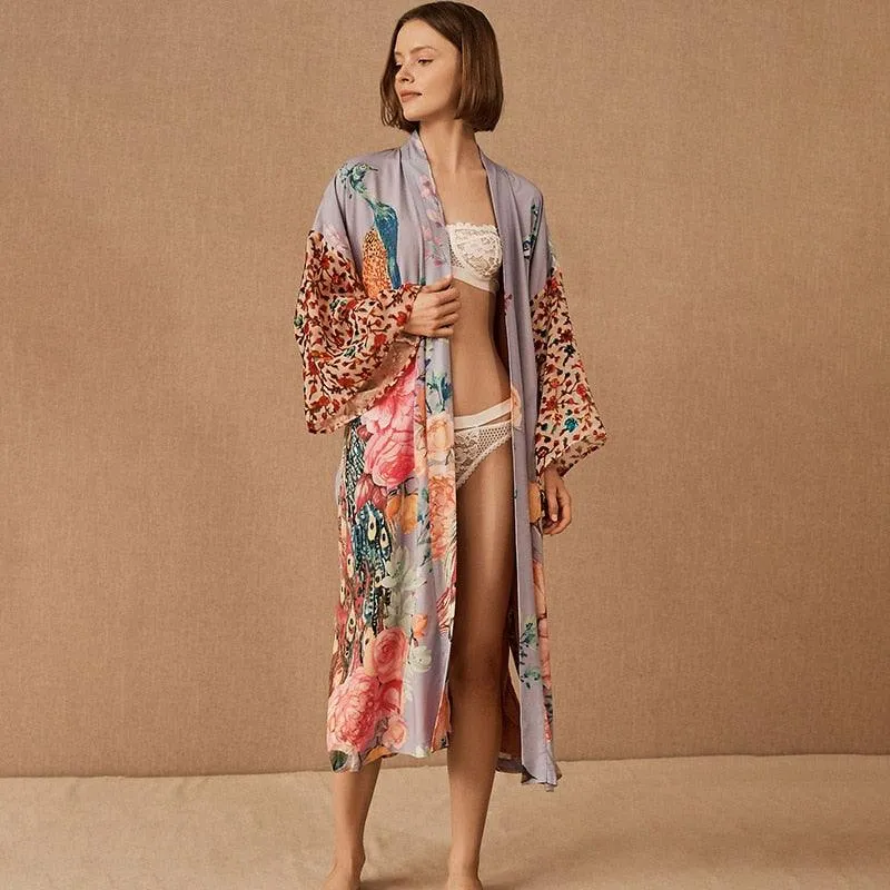 Bohemian Long Kimono, Women Peacock Printed Swimsuit Cover Up Self Belted Wrap Dresses Seaside Bathing Suits Beachwear