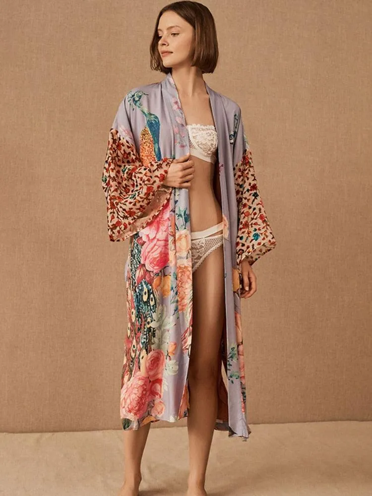 Bohemian Long Kimono, Women Peacock Printed Swimsuit Cover Up Self Belted Wrap Dresses Seaside Bathing Suits Beachwear