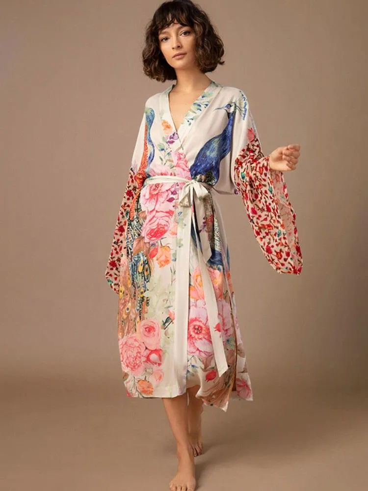 Bohemian Long Kimono, Women Peacock Printed Swimsuit Cover Up Self Belted Wrap Dresses Seaside Bathing Suits Beachwear