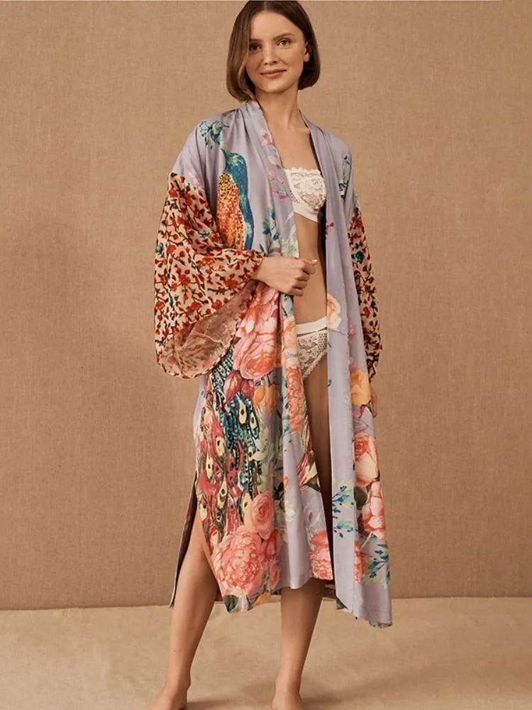 Bohemian Long Kimono, Women Peacock Printed Swimsuit Cover Up Self Belted Wrap Dresses Seaside Bathing Suits Beachwear