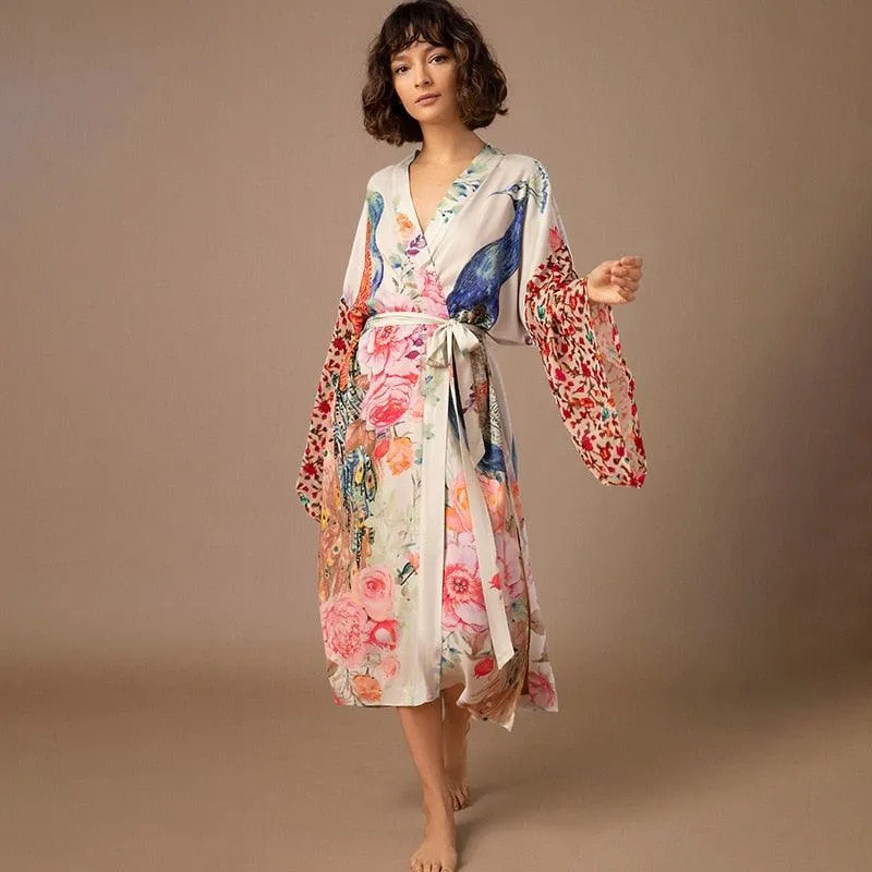 Bohemian Long Kimono, Women Peacock Printed Swimsuit Cover Up Self Belted Wrap Dresses Seaside Bathing Suits Beachwear