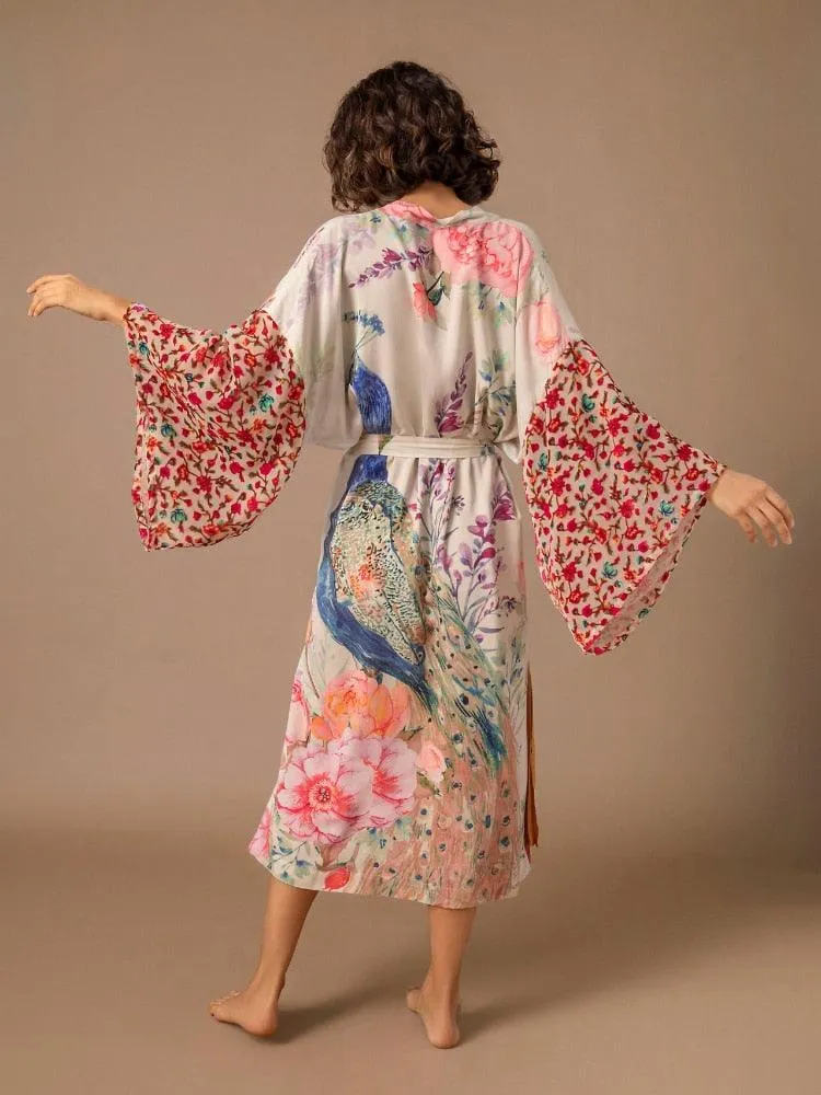 Bohemian Long Kimono, Women Peacock Printed Swimsuit Cover Up Self Belted Wrap Dresses Seaside Bathing Suits Beachwear