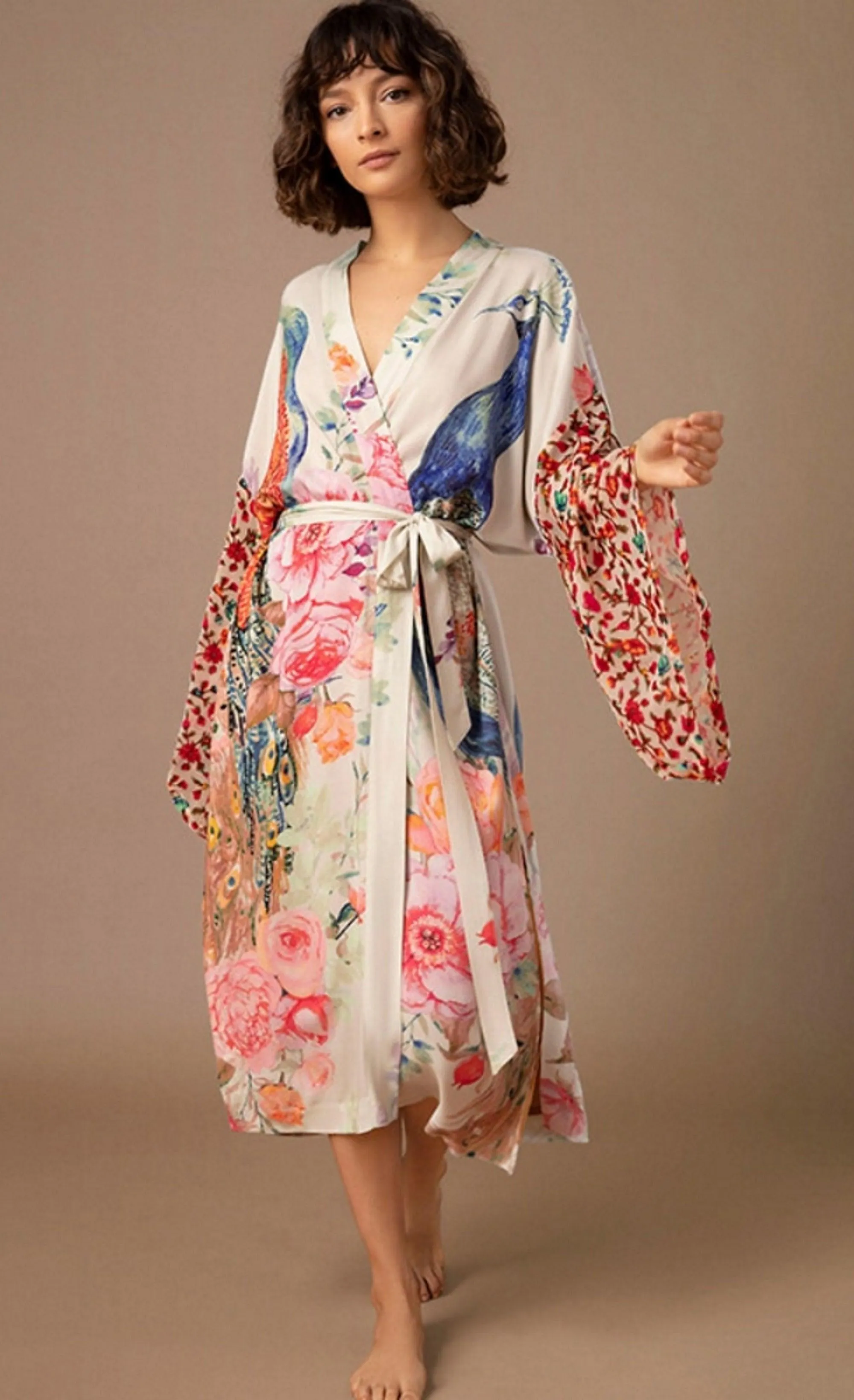 Bohemian Long Kimono, Women Peacock Printed Swimsuit Cover Up Self Belted Wrap Dresses Seaside Bathing Suits Beachwear