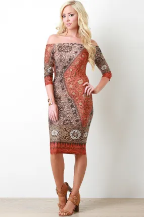 Bohemian Print Bardot Midi Dress