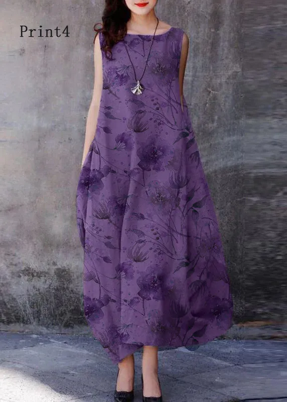 Bohemian Purple O-Neck Exra Large Hem Cotton Dresses Sleeveless LY2607