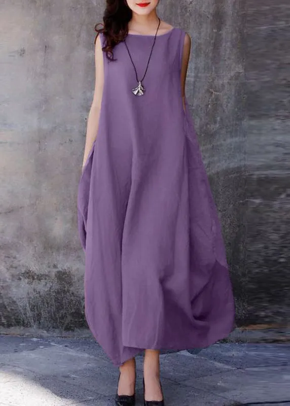 Bohemian Purple O-Neck Exra Large Hem Cotton Dresses Sleeveless LY2607