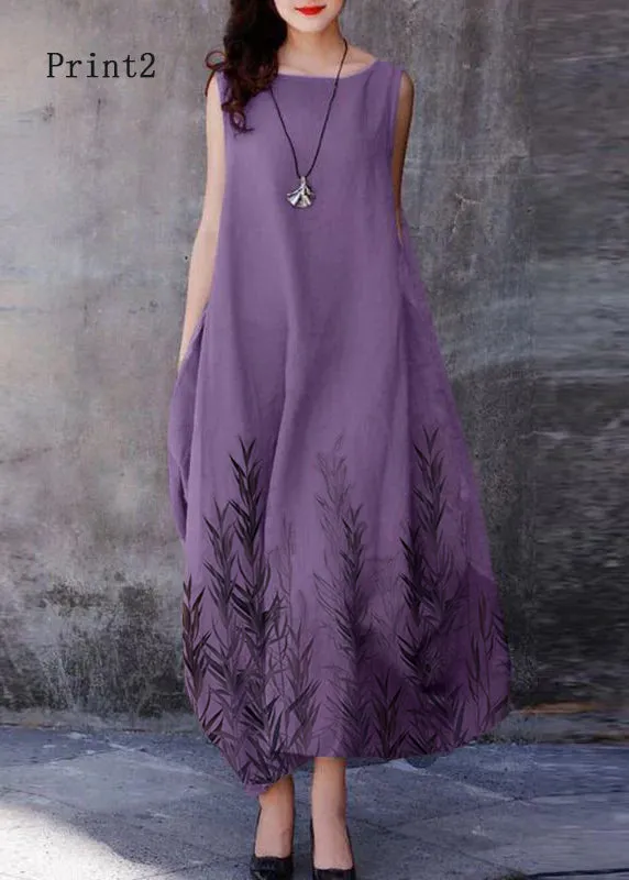 Bohemian Purple O-Neck Exra Large Hem Cotton Dresses Sleeveless LY2607