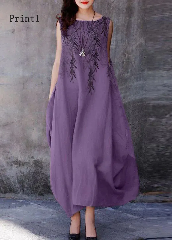 Bohemian Purple O-Neck Exra Large Hem Cotton Dresses Sleeveless LY2607