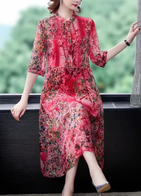 Bohemian Red Stand Collar Print Wrinkled Chiffon Vacation Dresses Half Sleeve LY1726