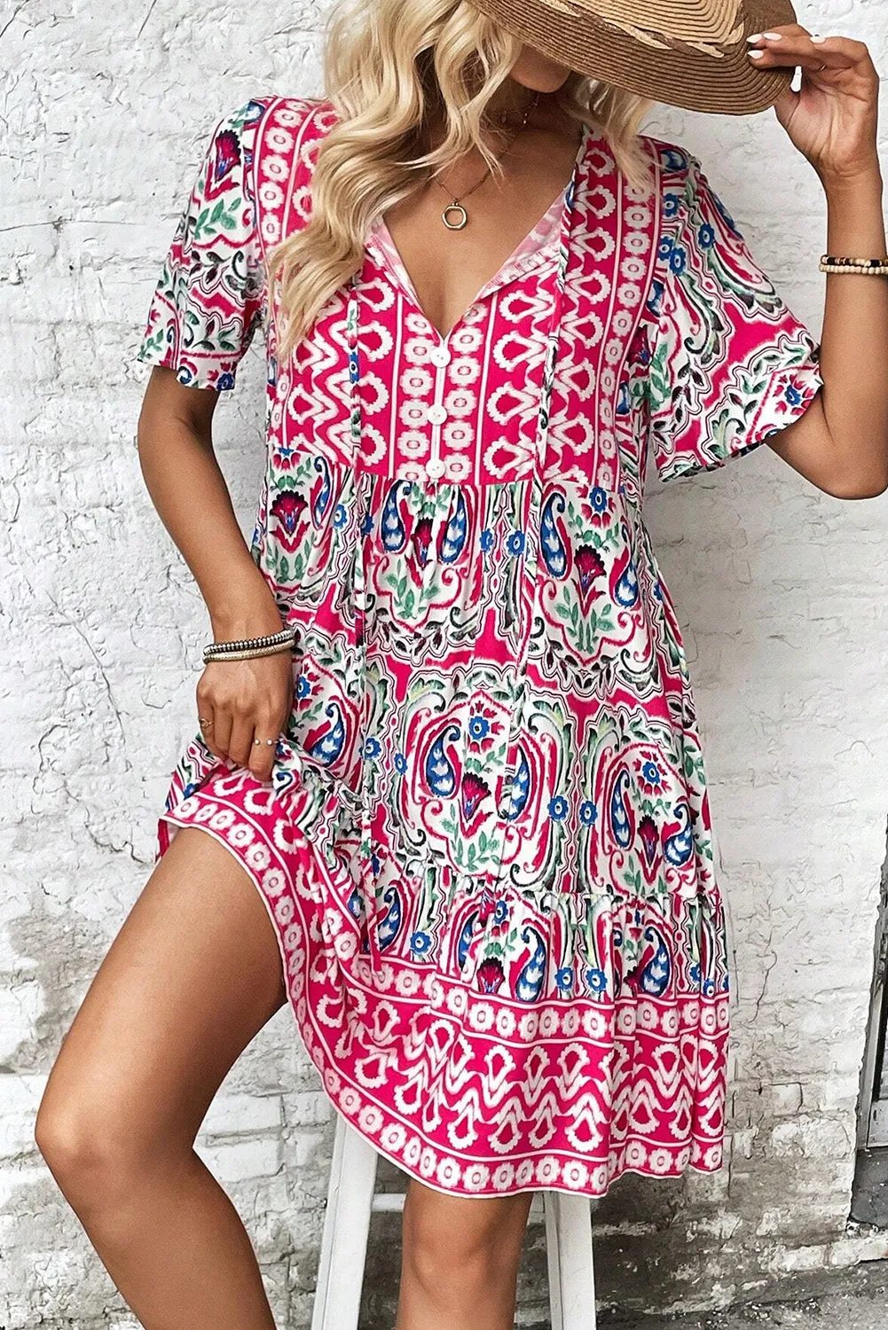 Bohemian Ruffle Hem Short Dress