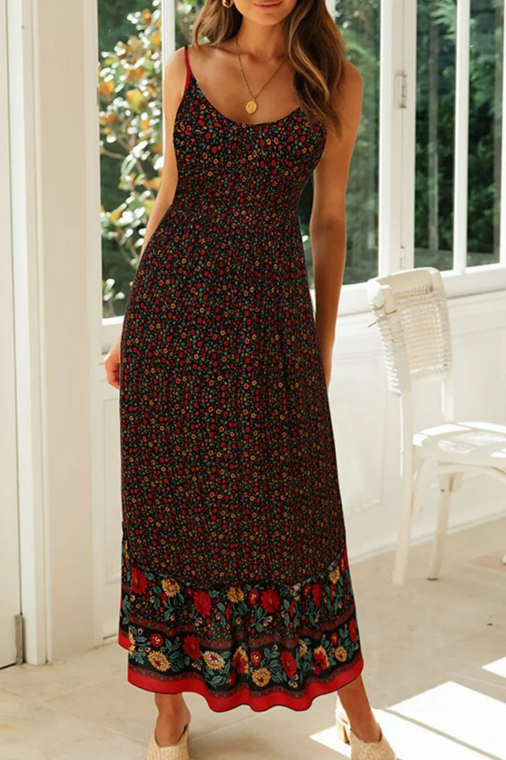 Bohemian Spaghetti Strap Frill Trim Maxi Dress