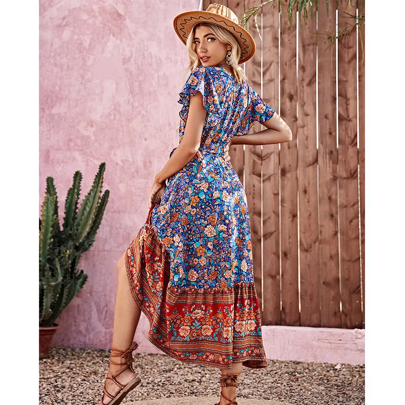 Boho Flare Short Sleeve Tie-Ip Waist Swing Bohemian Dress Wholesale Dresses