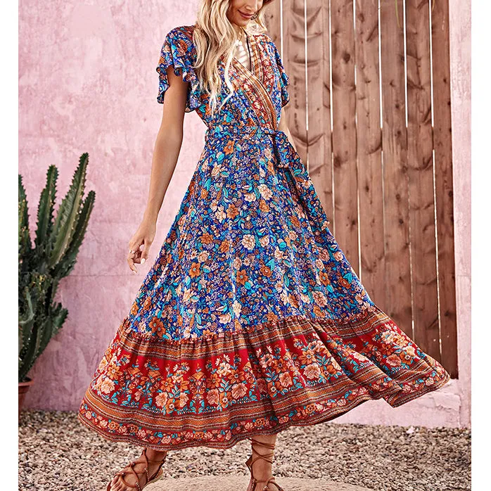 Boho Flare Short Sleeve Tie-Ip Waist Swing Bohemian Dress Wholesale Dresses