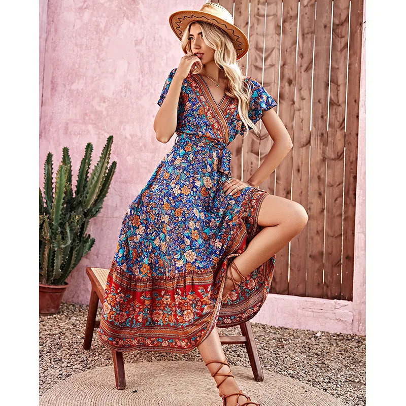 Boho Flare Short Sleeve Tie-Ip Waist Swing Bohemian Dress Wholesale Dresses