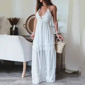 Boho Maxi Dress with Chest Wrap Backless Halter and Ruffles Trim