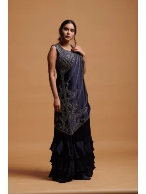 Bold Dark Blue Crepe Silk Evening Gown With Bead Work