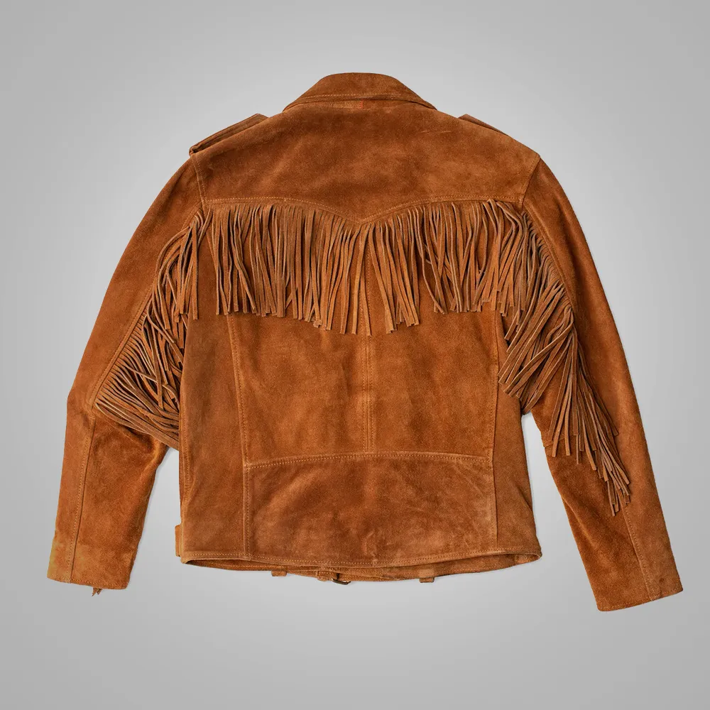 Brown Men Cowboy Style Fringes Suede Leather Western Jacket