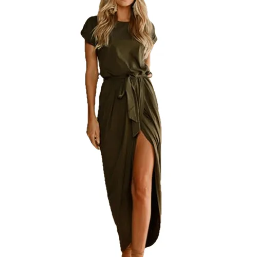 Casual Sexy O-Neck Ankle-Length Short Sleeve Irregular Party Long Dress