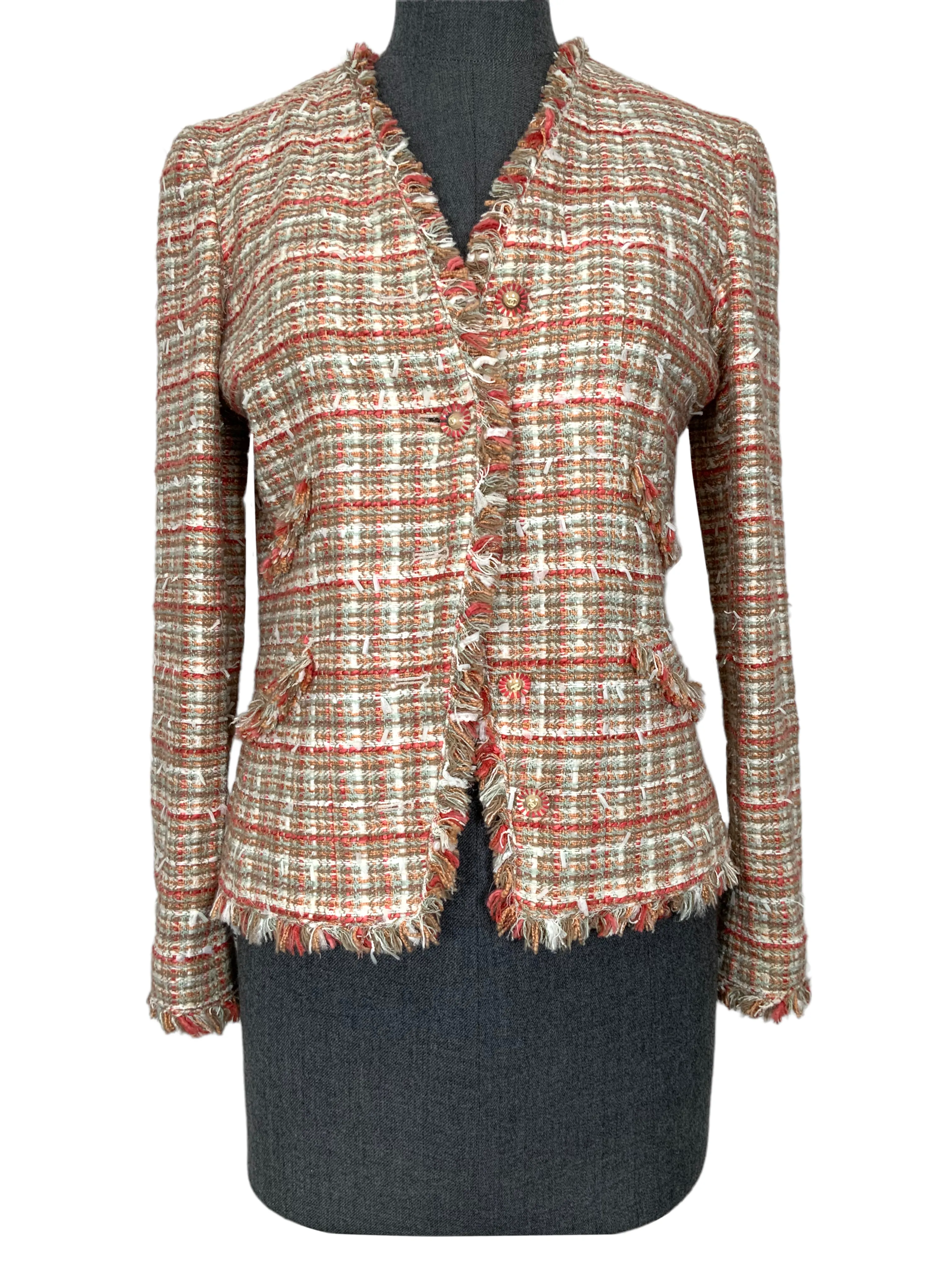 CHANEL 04P Plaid Tweed Skirt Suit Size S