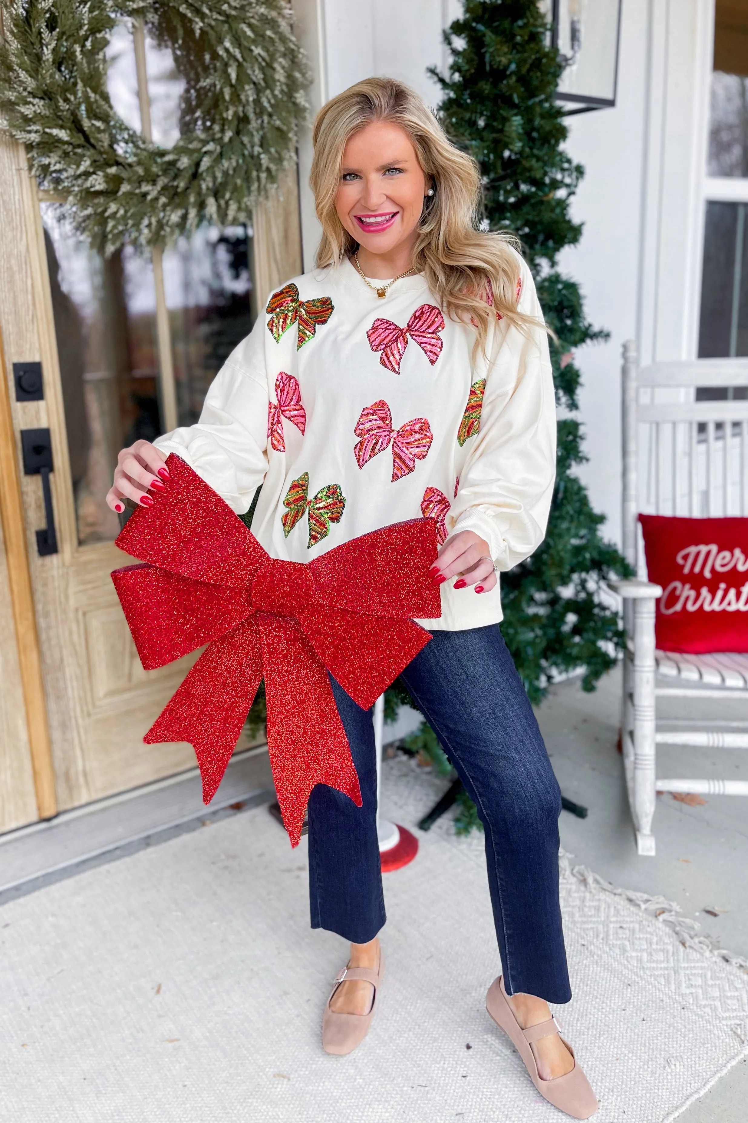 Christmas Sequin Bow Embroidered Oversize Sweatshirt *FINAL SALE*