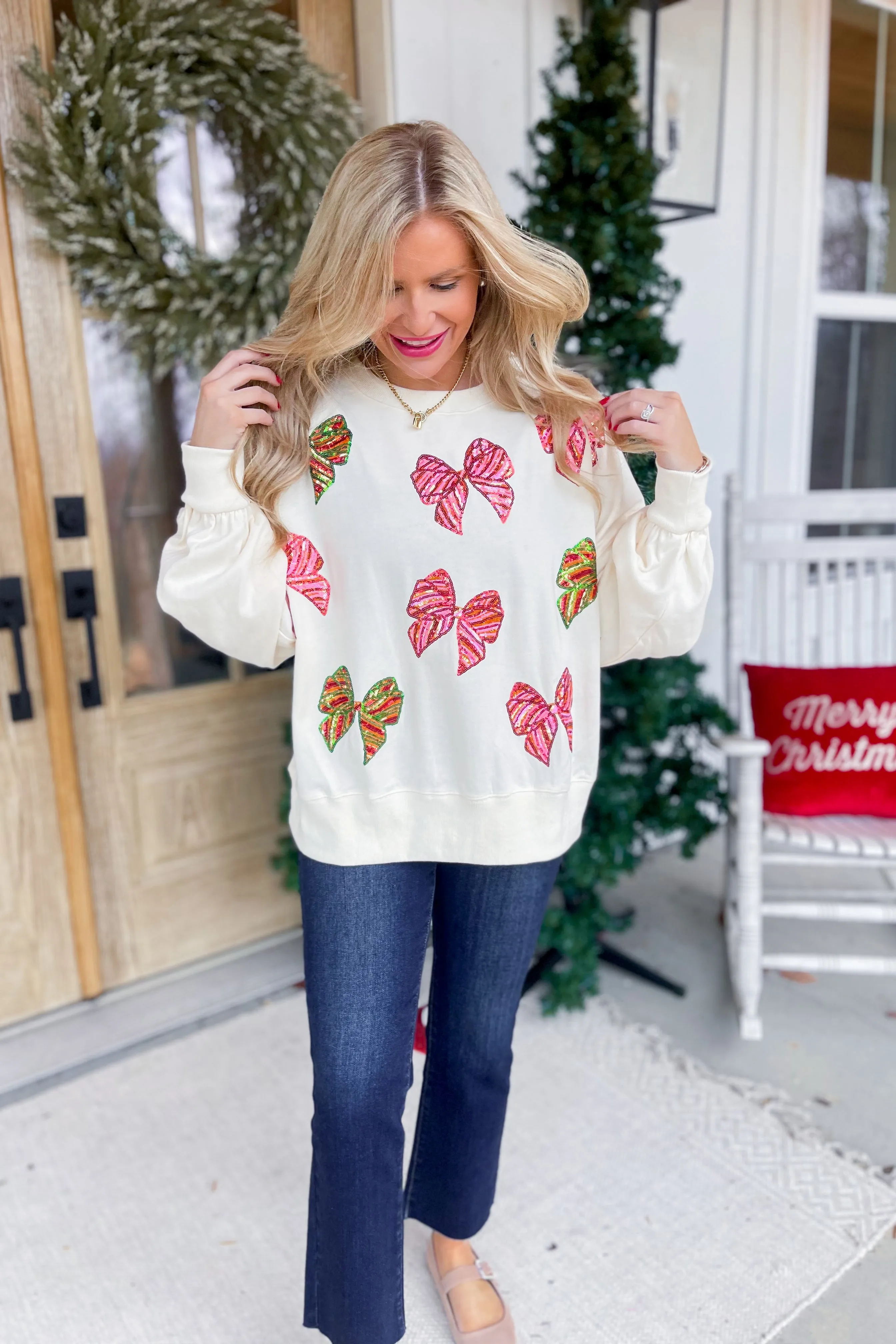 Christmas Sequin Bow Embroidered Oversize Sweatshirt *FINAL SALE*