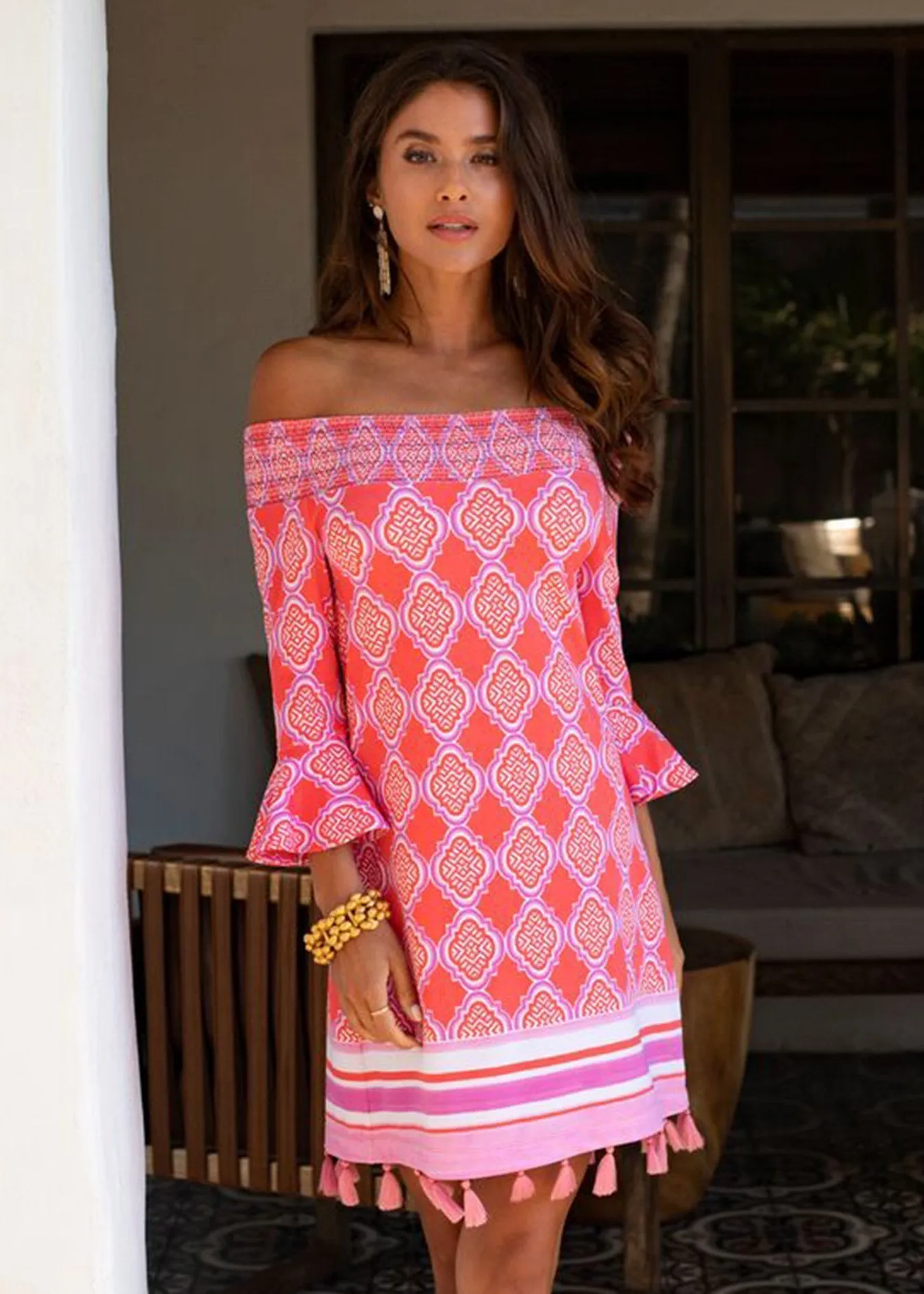 Coral Geo Off The Shoulder Dress