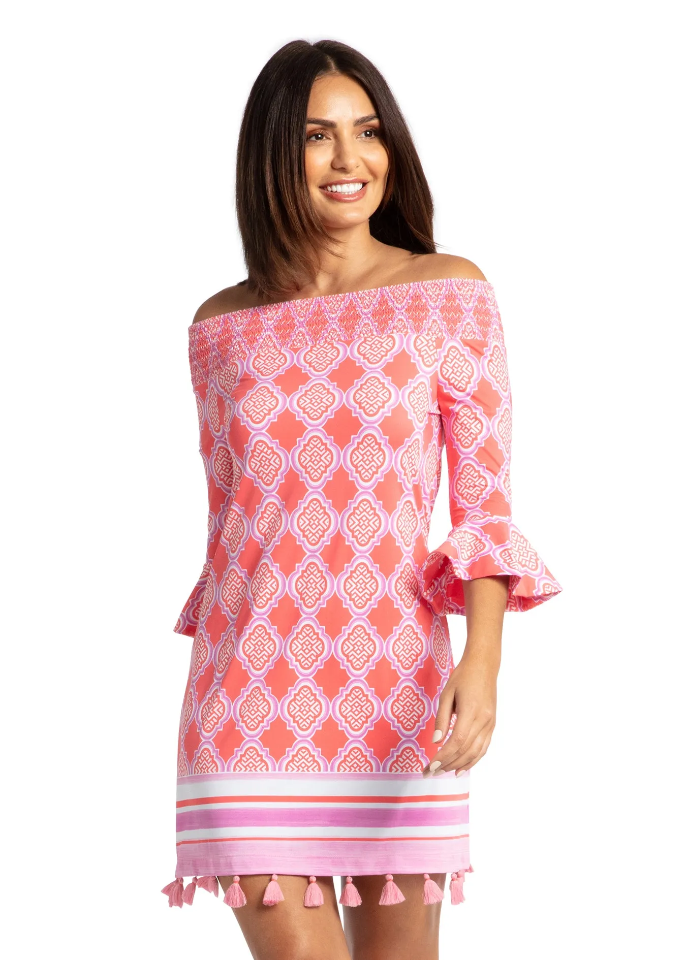 Coral Geo Off The Shoulder Dress