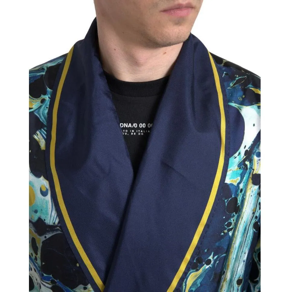 Dolce & Gabbana Marble Blue Silk Long Robe Luxury Sleepwear