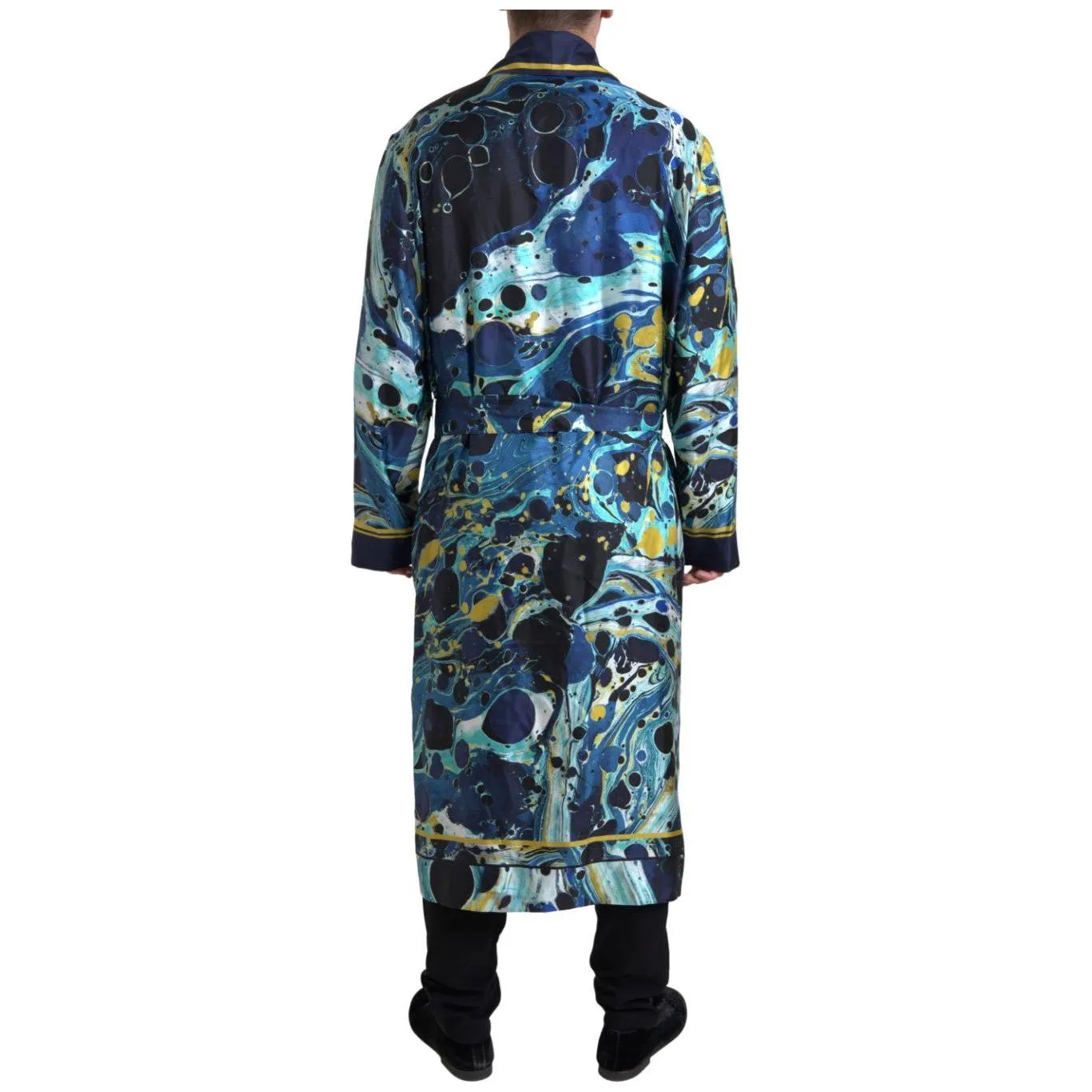 Dolce & Gabbana Marble Blue Silk Long Robe Luxury Sleepwear